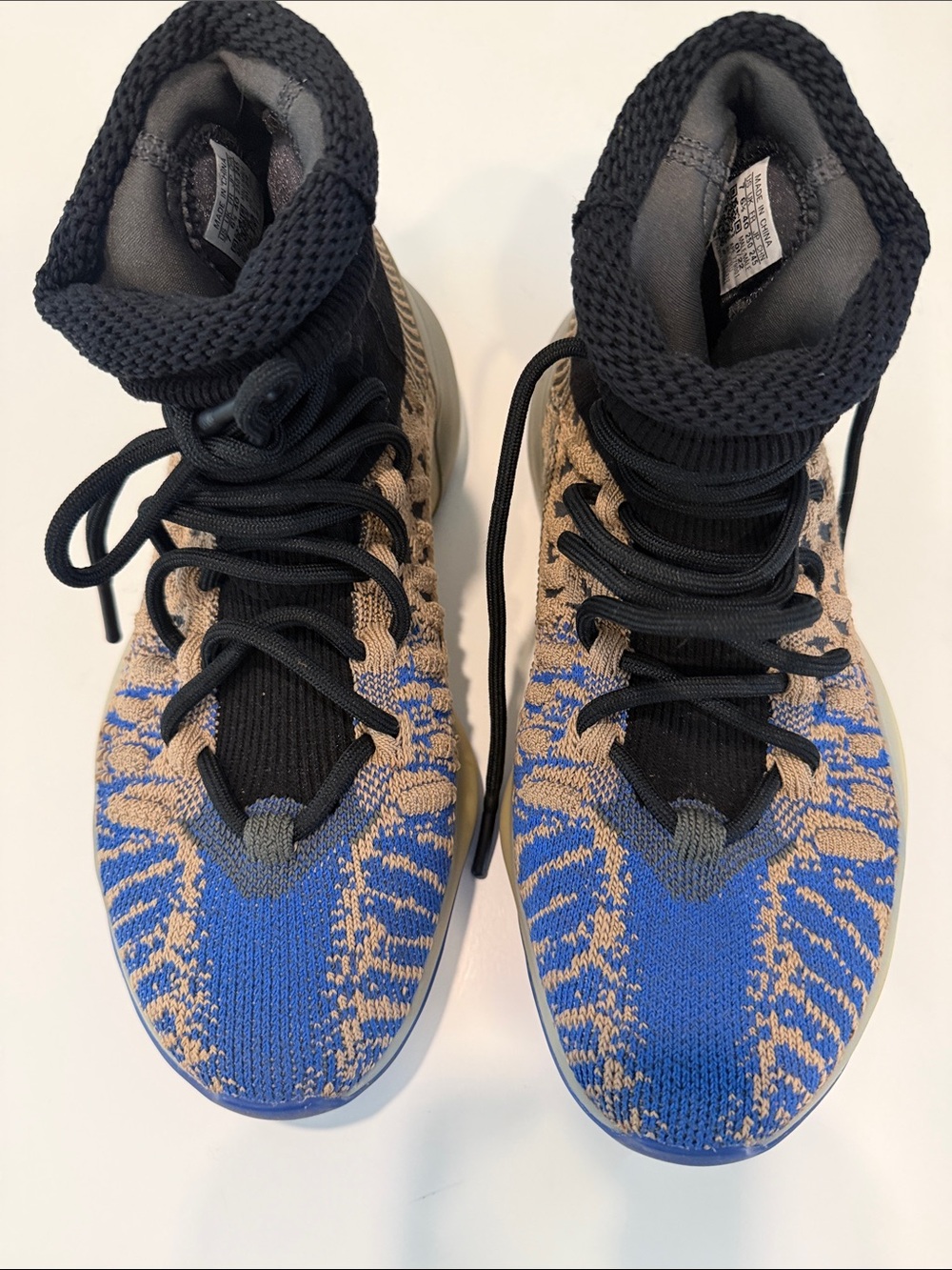 Yeezy High-Top Knit Sneakers in Blue and Tan with Black Collar